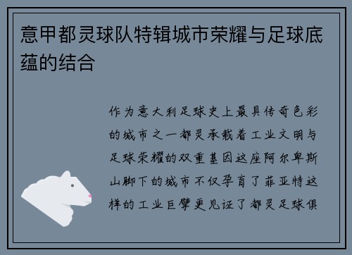 意甲都灵球队特辑城市荣耀与足球底蕴的结合