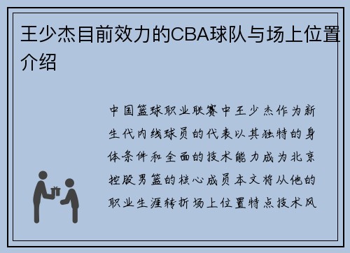 王少杰目前效力的CBA球队与场上位置介绍